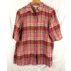 Real Clothes Saks Fifth Avenue‎ Blouse Womens MEDIUM Pink Plaid 100% Linen